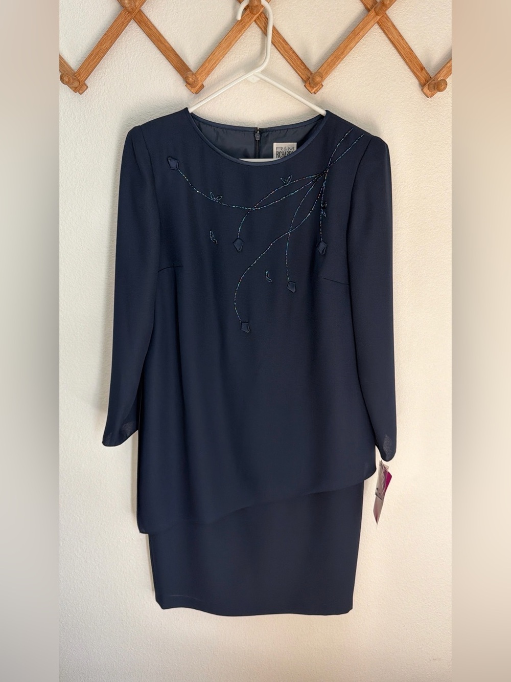 Vintage R&M Richards Navy Formal Dress with Iridescent Beaded Accents - Size 8